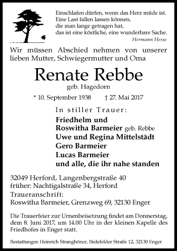 Traueranzeige von Renate Rebbe von Neue Westfälische
