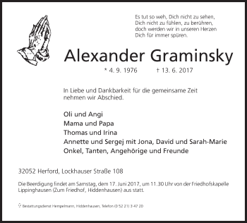 Traueranzeige von Alexander Graminsky von Neue Westfälische