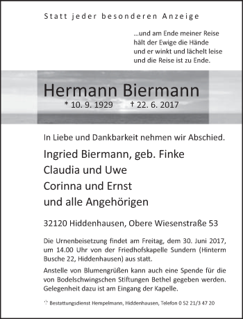 Traueranzeige von Hermann Biermann von Neue Westfälische