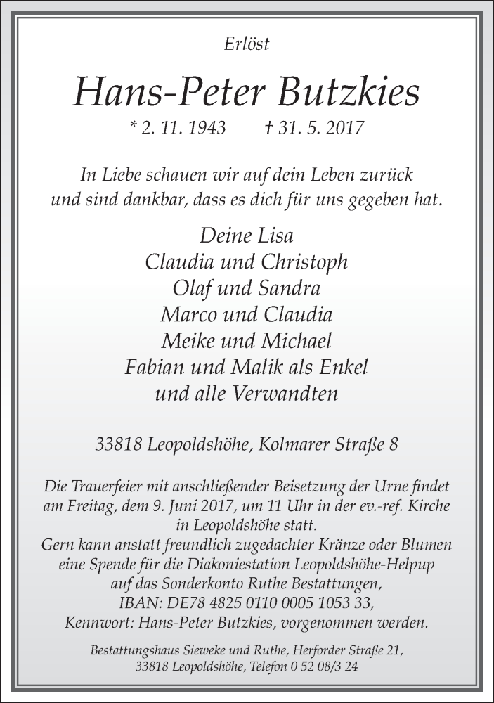  Traueranzeige für Hans-Peter Butzkies vom 03.06.2017 aus Neue Westfälische