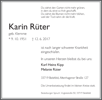Traueranzeige von Karin Rüter von Neue Westfälische