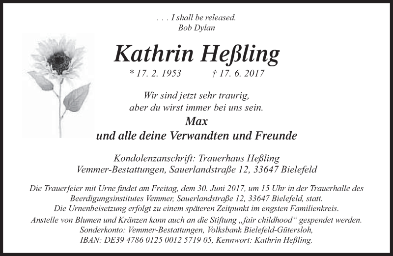  Traueranzeige für Kathrin Heßling vom 24.06.2017 aus Neue Westfälische