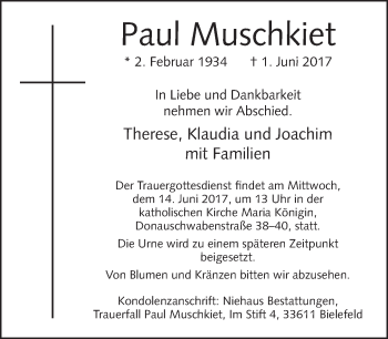 Traueranzeige von Paul Muschkiet von Neue Westfälische