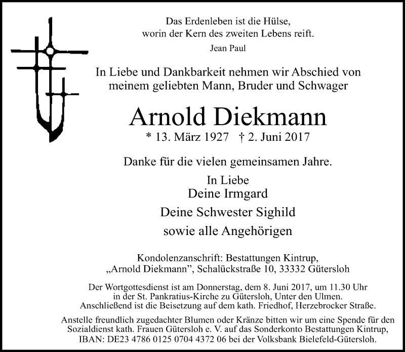  Traueranzeige für Arnold Diekmann vom 06.06.2017 aus Neue Westfälische