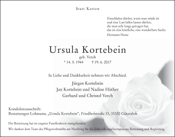 Traueranzeige von Ursula Kortebein von Neue Westfälische