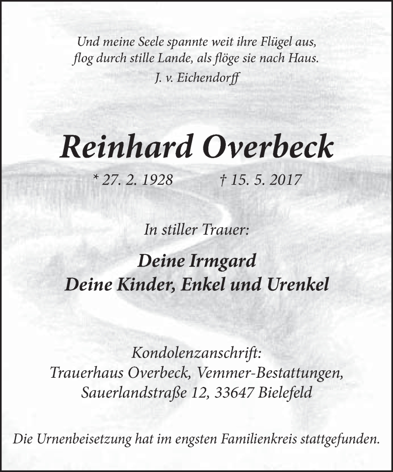  Traueranzeige für Reinhard Overbeck vom 03.06.2017 aus Neue Westfälische