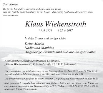 Traueranzeige von Klaus Wiehenstroth von Neue Westfälische