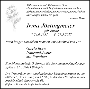 Traueranzeige von Irma Jöstingmeier von Neue Westfälische