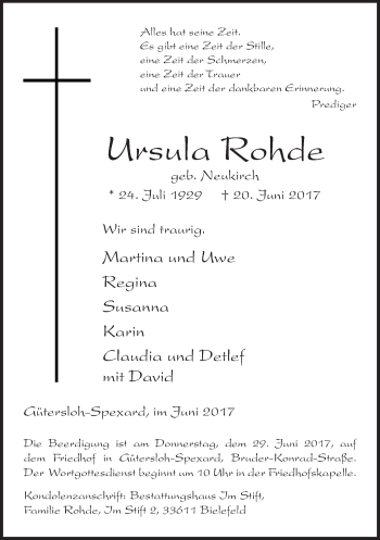 Traueranzeige von Ursula Rohde von Neue Westfälische