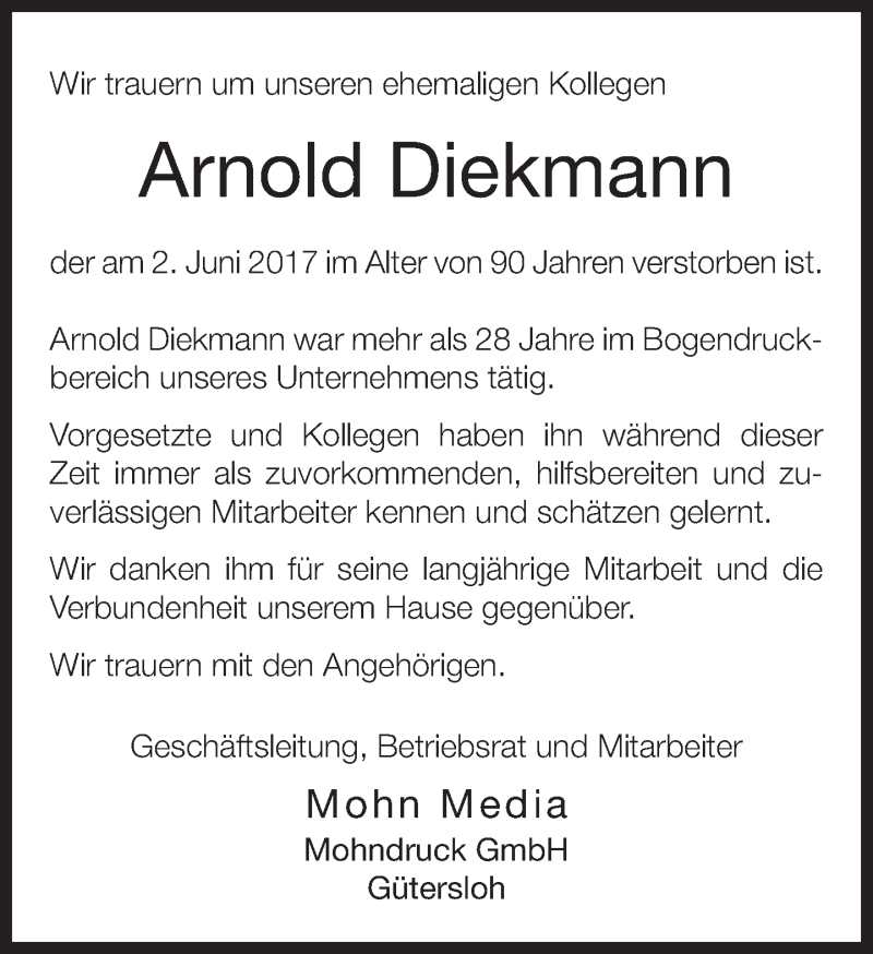  Traueranzeige für Arnold Diekmann vom 07.06.2017 aus Neue Westfälische
