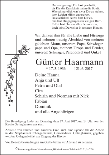 Traueranzeige von Günter Haarmann von Neue Westfälische