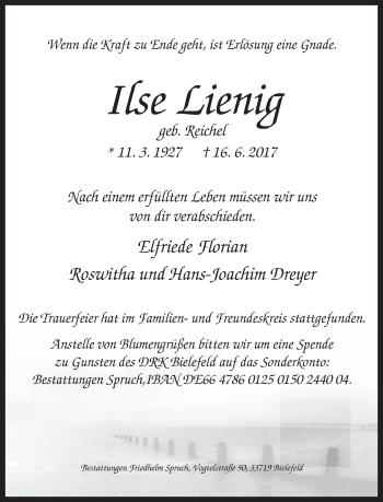 Traueranzeige von Ilse Lienig von Neue Westfälische