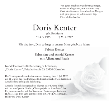 Traueranzeige von Doris Kenter von Neue Westfälische