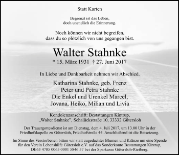 Traueranzeige von Walter Stahnke von Neue Westfälische