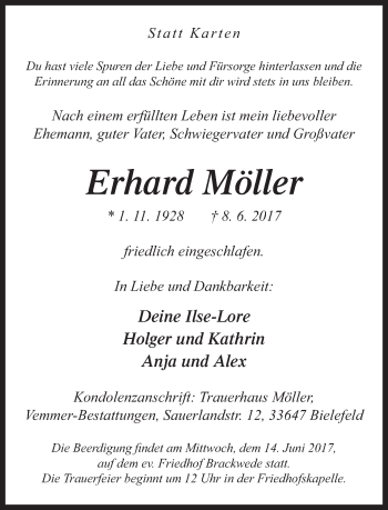 Traueranzeige von Erhard Möller von Neue Westfälische