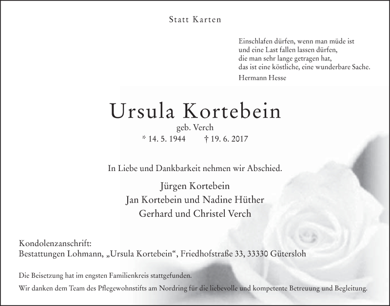  Traueranzeige für Ursula Kortebein vom 24.06.2017 aus Neue Westfälische