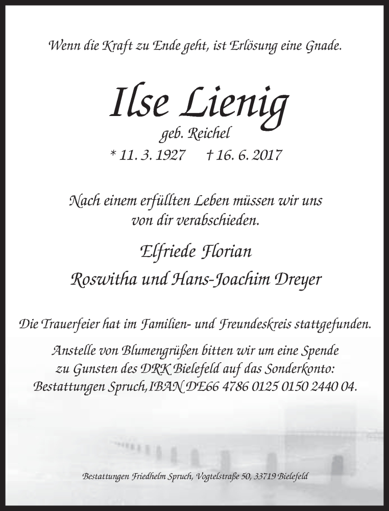  Traueranzeige für Ilse Lienig vom 24.06.2017 aus Neue Westfälische