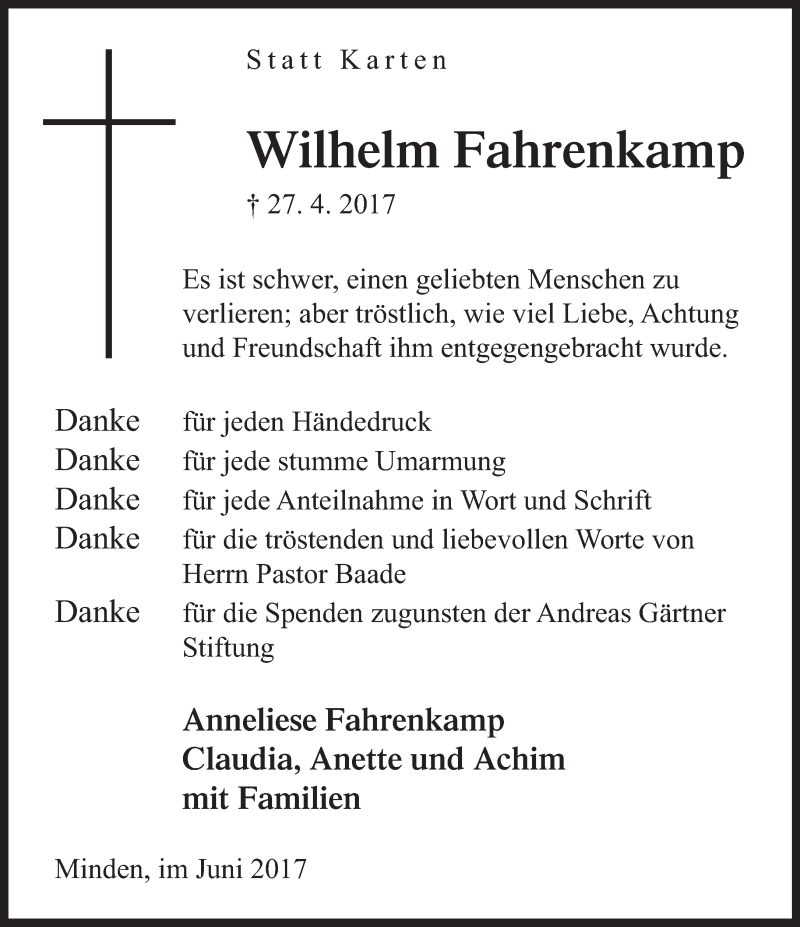  Traueranzeige für Wilhelm Fahrenkamp vom 10.06.2017 aus Neue Westfälische