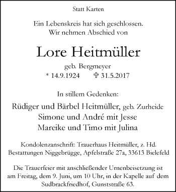 Traueranzeige von Lore Heitmüller von Neue Westfälische
