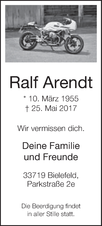 Traueranzeige von Ralf Arendt von Neue Westfälische