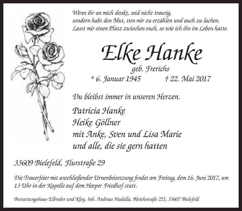  Traueranzeige für Elke Hanke vom 03.06.2017 aus Neue Westfälische