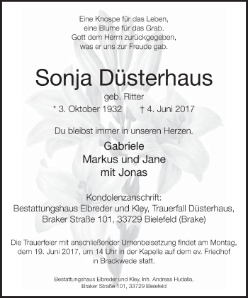 Traueranzeige von Sonja Düsterhaus von Neue Westfälische