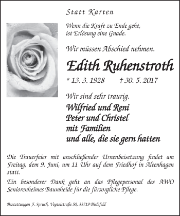 Traueranzeige von Edith Ruhenstroth von Neue Westfälische
