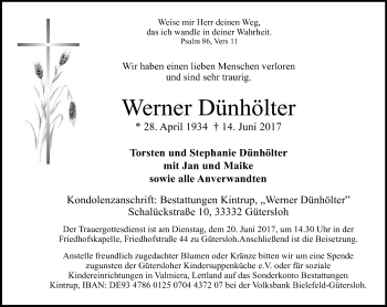Traueranzeige von Werner Dünhölter von Neue Westfälische