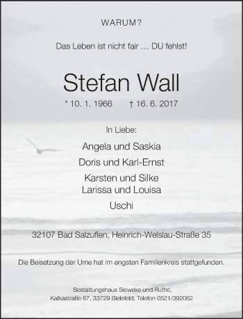 Traueranzeige von Stefan Wall von Neue Westfälische