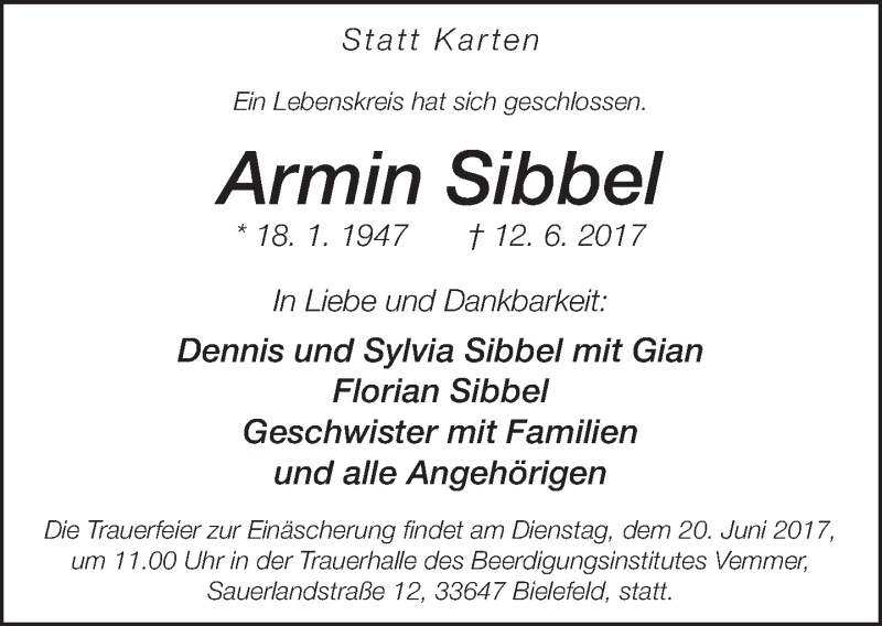  Traueranzeige für Armin Sibbel vom 15.06.2017 aus Neue Westfälische