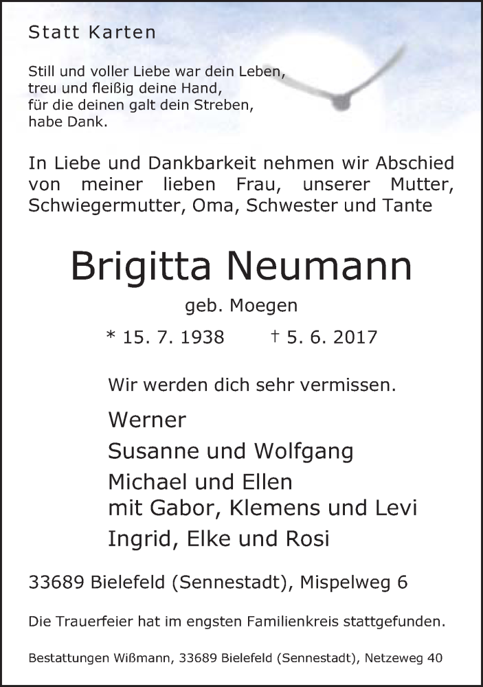  Traueranzeige für Brigitta Neumann vom 14.06.2017 aus Neue Westfälische