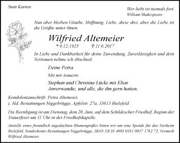 Traueranzeige von Wilfried Altemeier von Neue Westfälische