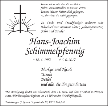 Traueranzeige von Hans-Joachim Schimmelpfennig von Neue Westfälische