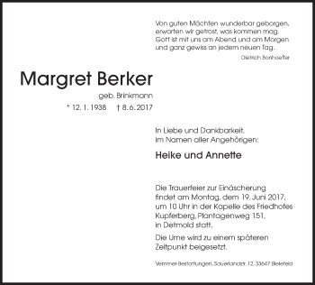 Traueranzeige von Margret Berker von Neue Westfälische