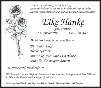 Traueranzeige von Elke Hanke von Neue Westfälische