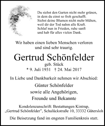 Traueranzeige von Gertrud Schönfelder von Neue Westfälische