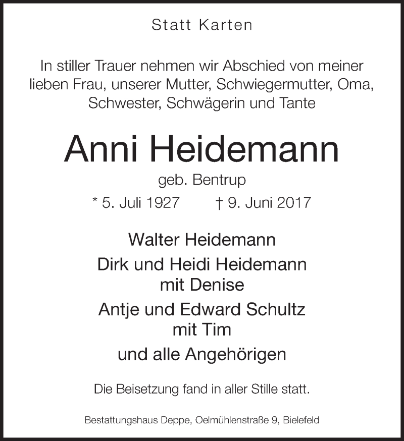 Traueranzeige für Anni Heidemann vom 17.06.2017 aus Neue Westfälische