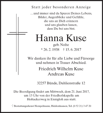 Traueranzeige von Hanna Kuse von Neue Westfälische