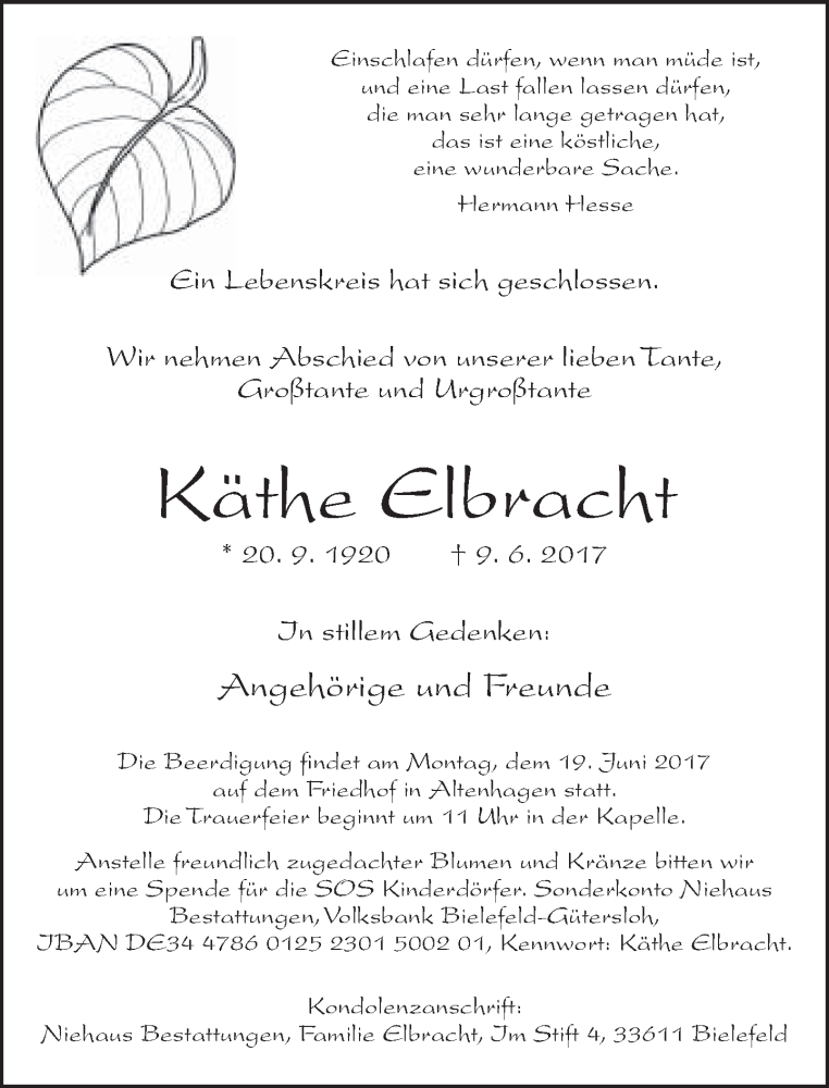  Traueranzeige für Käthe Elbracht vom 15.06.2017 aus Neue Westfälische