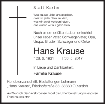 Traueranzeige von Hans Krause von Neue Westfälische