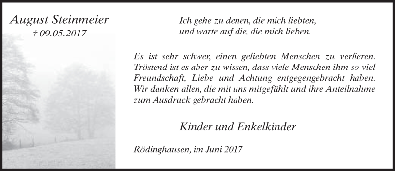  Traueranzeige für August Steinmeier vom 17.06.2017 aus Neue Westfälische