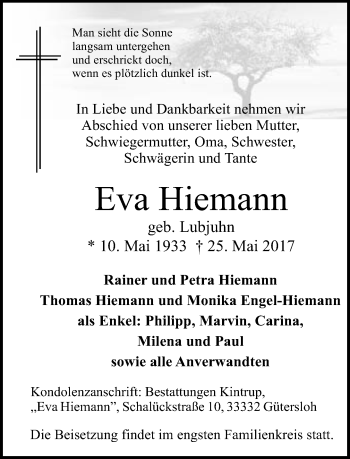Traueranzeige von Eva Hiemann von Neue Westfälische