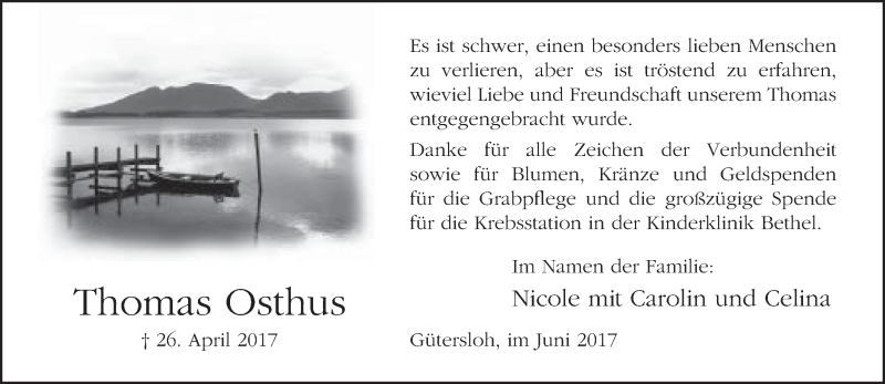  Traueranzeige für Thomas Osthus vom 10.06.2017 aus Neue Westfälische