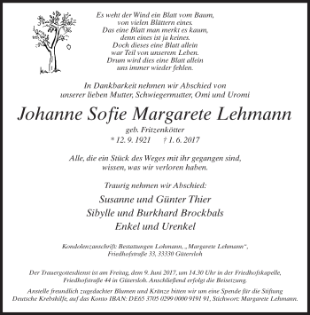 Traueranzeige von Johanne Sofie Margarete Lehmann von Neue Westfälische
