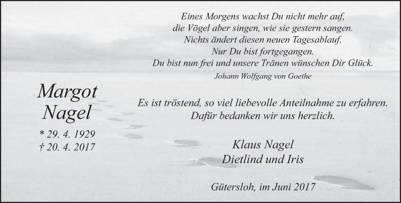  Traueranzeige für Margot Nagel vom 12.06.2017 aus Neue Westfälische