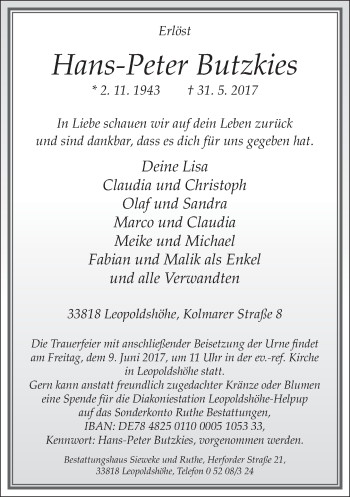 Traueranzeige von Hans-Peter Butzkies von Neue Westfälische