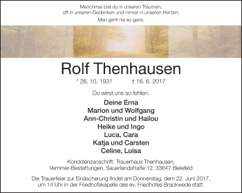 Traueranzeige von Rolf Thenhausen von Neue Westfälische