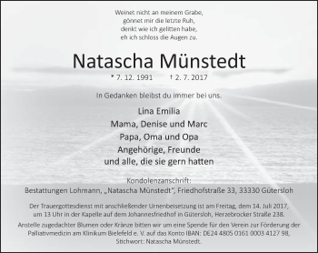 Traueranzeige von Natascha Münstedt von Neue Westfälische