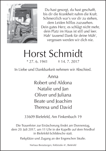 Traueranzeige von Horst Schmidt von Neue Westfälische