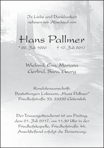 Traueranzeige von Hans Pallmer von Neue Westfälische